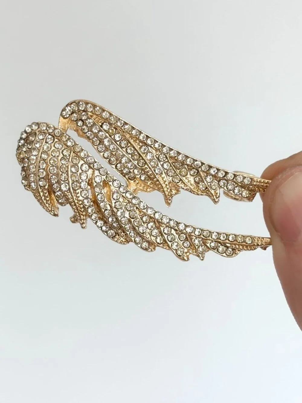 Double Angel Wing Gold Toned Rhinestone Textured Vintage Inspried Brooch Pin